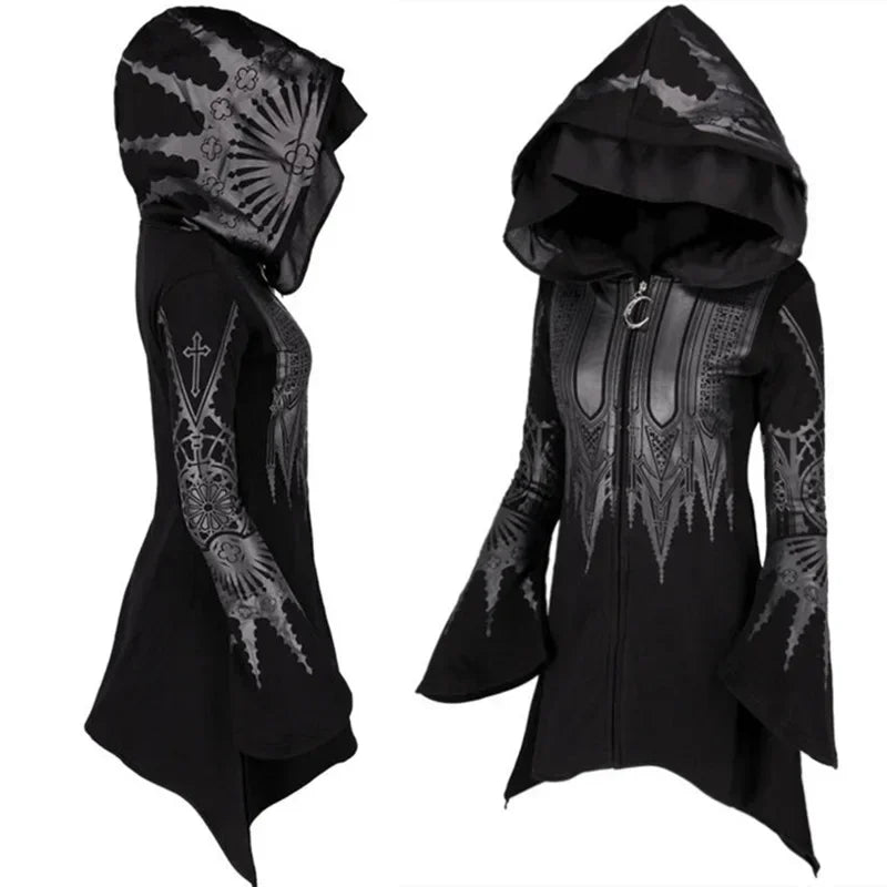 Street Goth Punk Style Black Long Hooded Top Harajuku Retro Dark Grunge Y2K Print Sweatshirts 2022 New Autumn Winter Ladies Tops