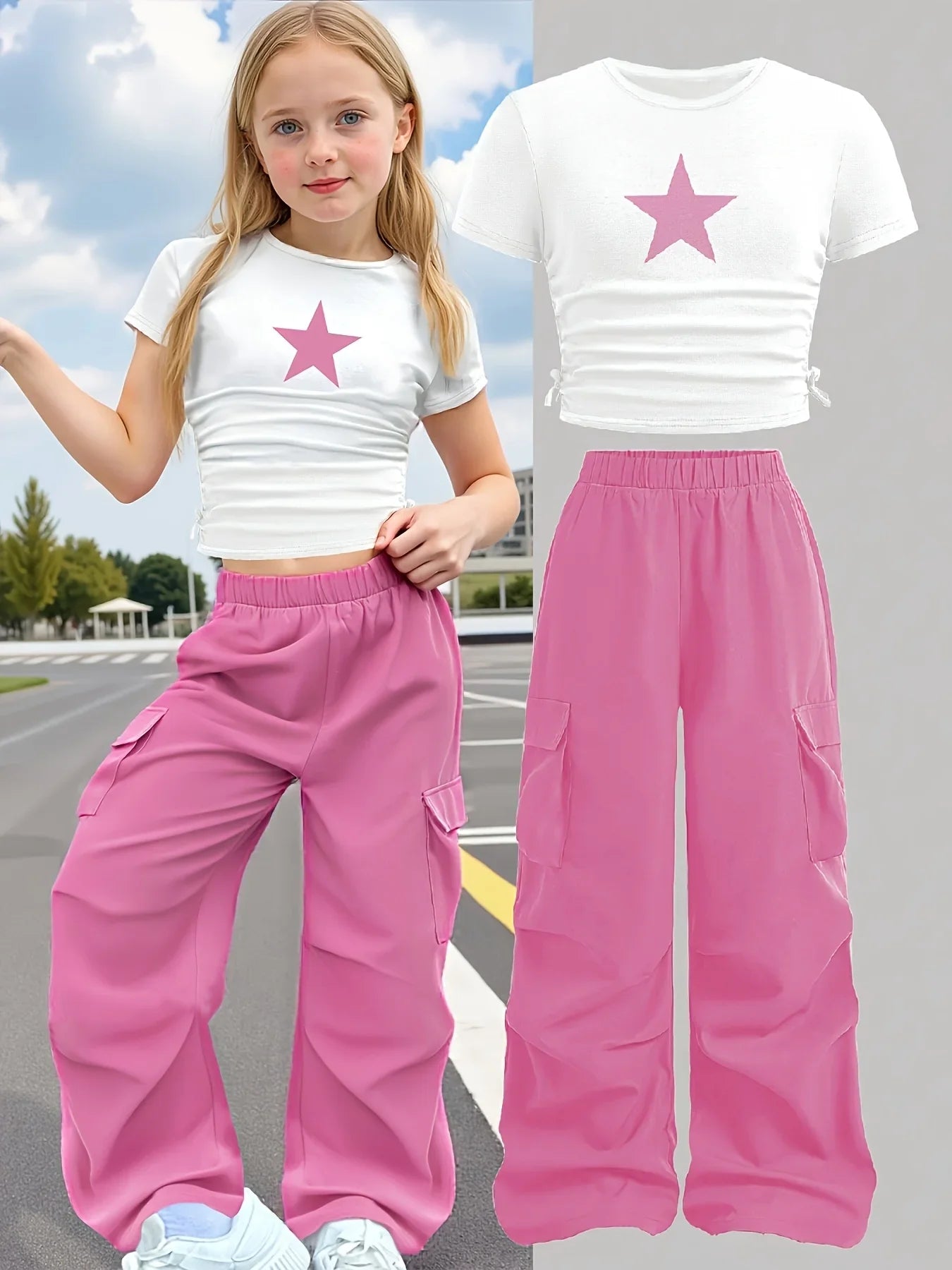 New Summer 2-Piece Set: Star-Print Slim-Fit Crew-Neck Short-Sleeve T-Shirt & Wide-Leg Pants (Stylish Casual Set for Girls)