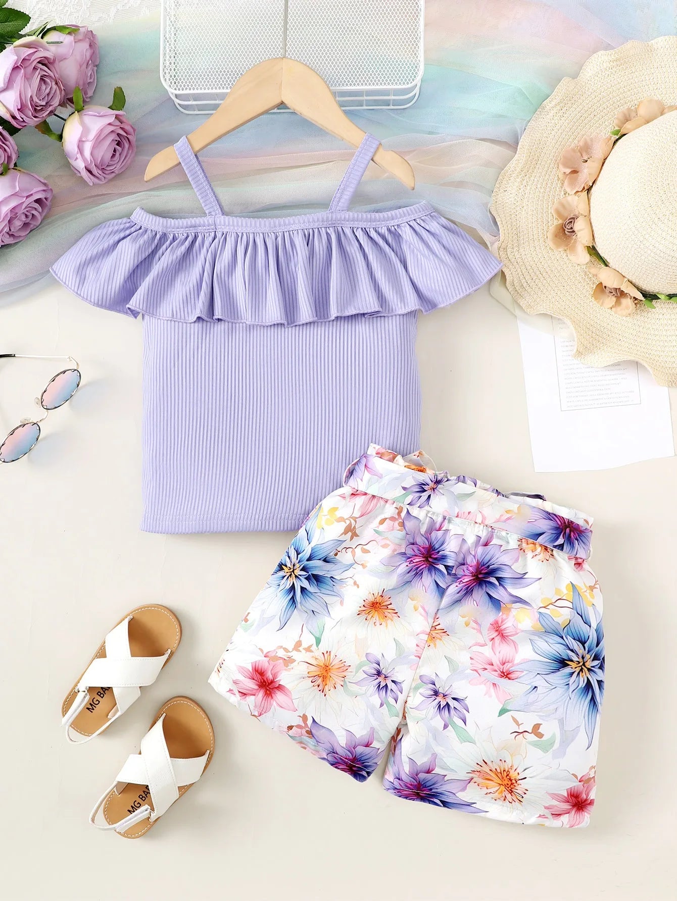 2PCS Child Girl Clothes Set Shoulder Leakage Short Sleeve Top+Flower Shorts with Bow Summer Lovely Wear for Kid Girl 4-7 Years