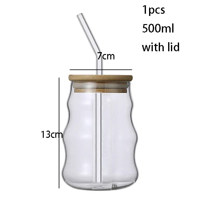 YWDL 500ml Glass Tumblers Cups With Straw Mason Jar Clear Juice Coffee Milk Cup With Bamboo Lids Drinkware Stripe Beer Mug