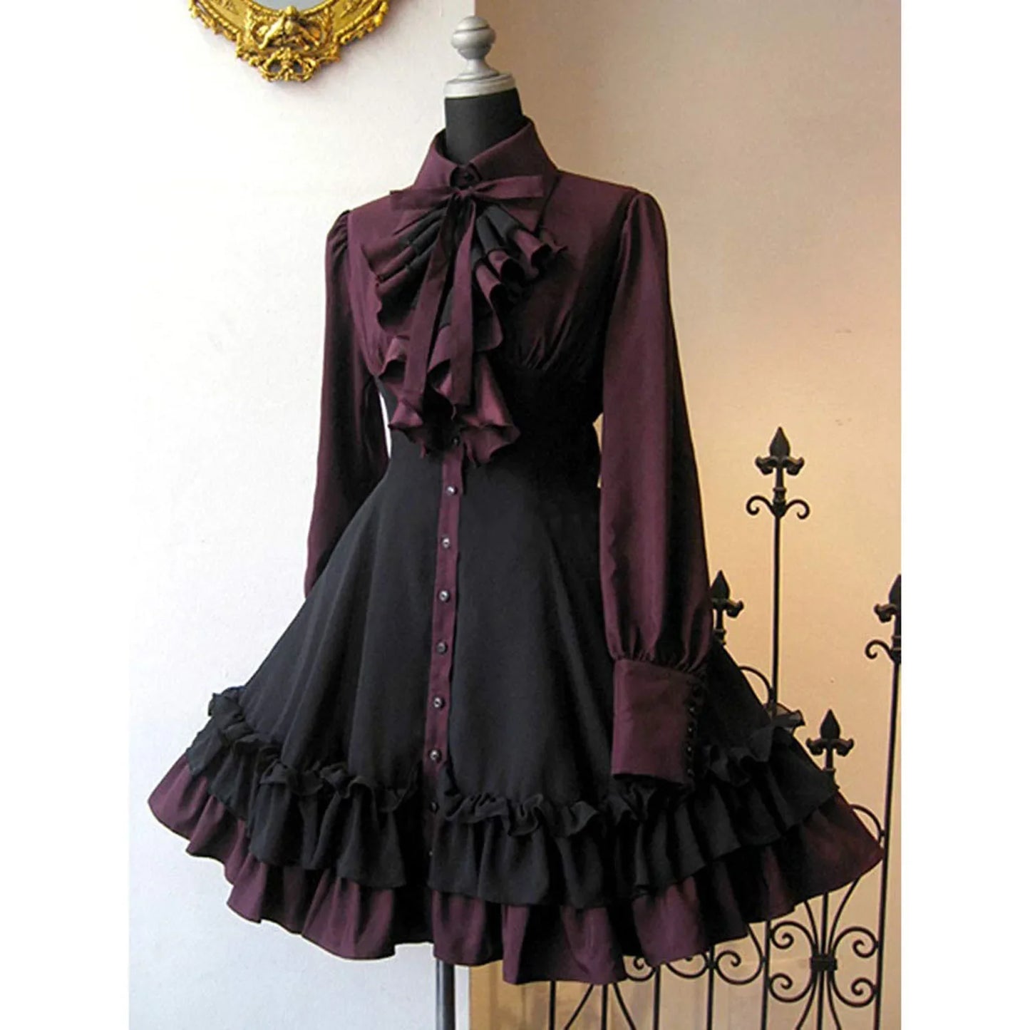 Women Vintage Palace Lolita Dress Bow Collar High Waist Victorian Princess Gothic Dress Renaissance Ruffles Cocktail Party Dress
