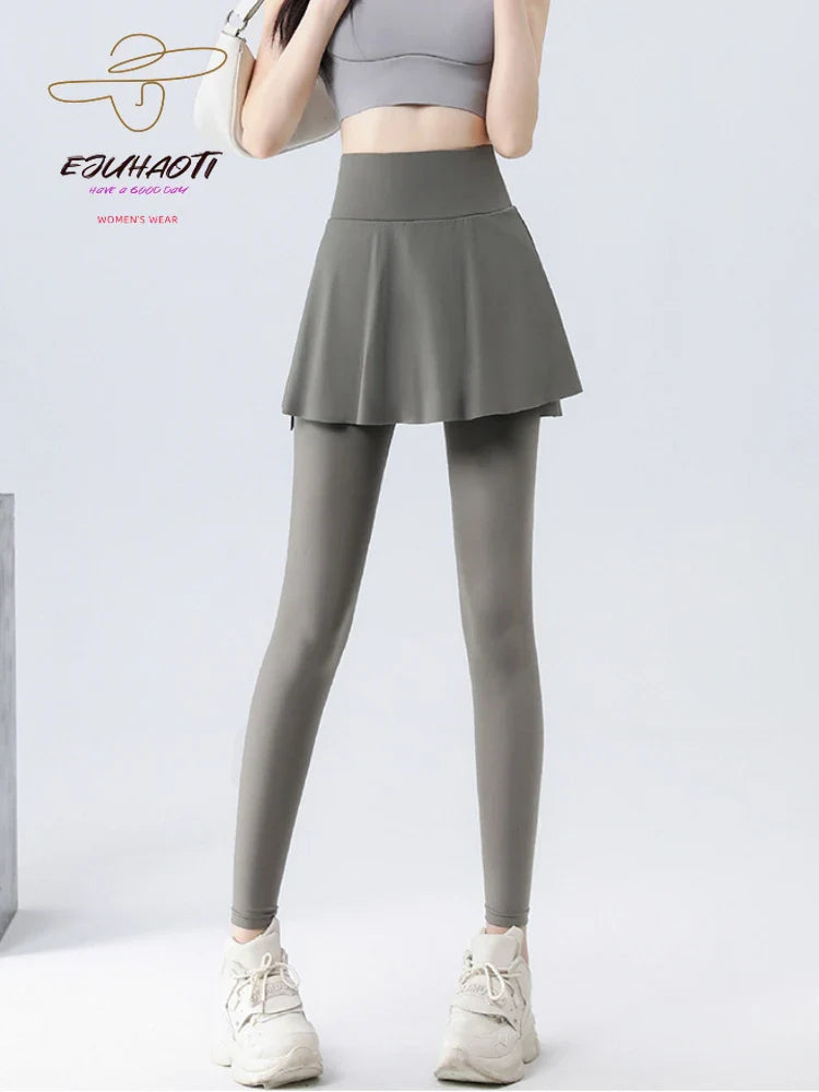 2024 Yoga Women High Waist Slim Hip Lifting Running Fitness Shark Pants Sports Outwear Fake Two Piece Skirt Pants Women Clothing