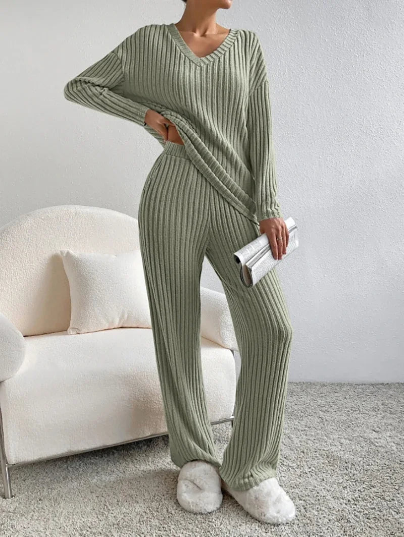 Two-piece Set Female 2024 Fall New Fashion Casual Straight Pants Temperament Loose V-neck Pit-stripe Knitting Women's Clothes