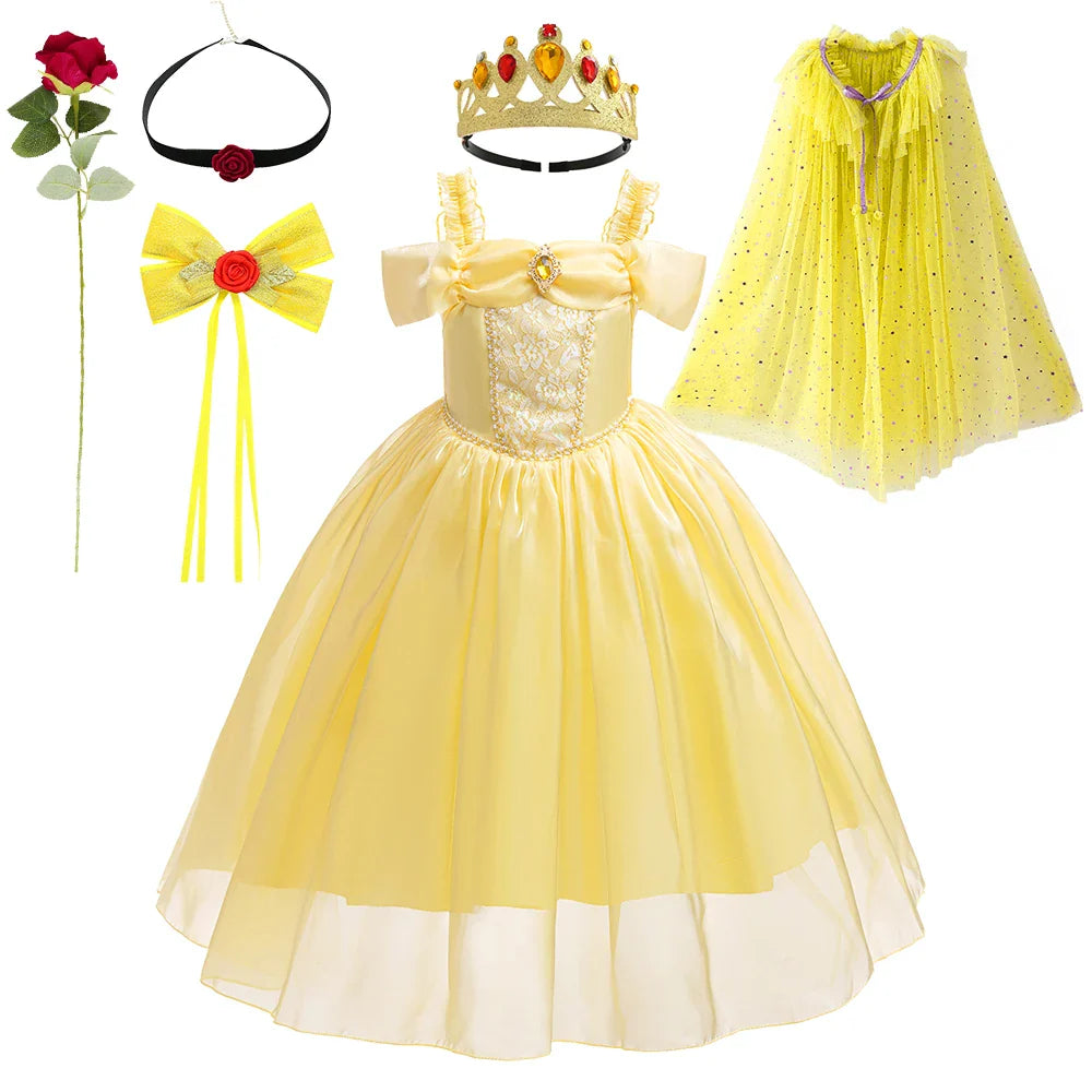 Halloween Girls Princess Belle Dress Up Evening Party Yellow Shoulderless Elegant Long Dresses Beauty Beast Fairy Costume Wig