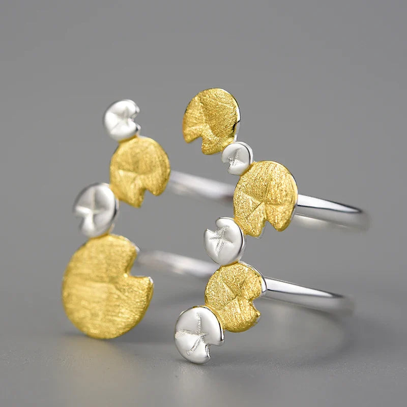 Lotus Fun Elegant Water Lily Leaves Double Layer Adjustable Rings for Women 925 Sterling Silver Luxury Designer Fine Jewelry
