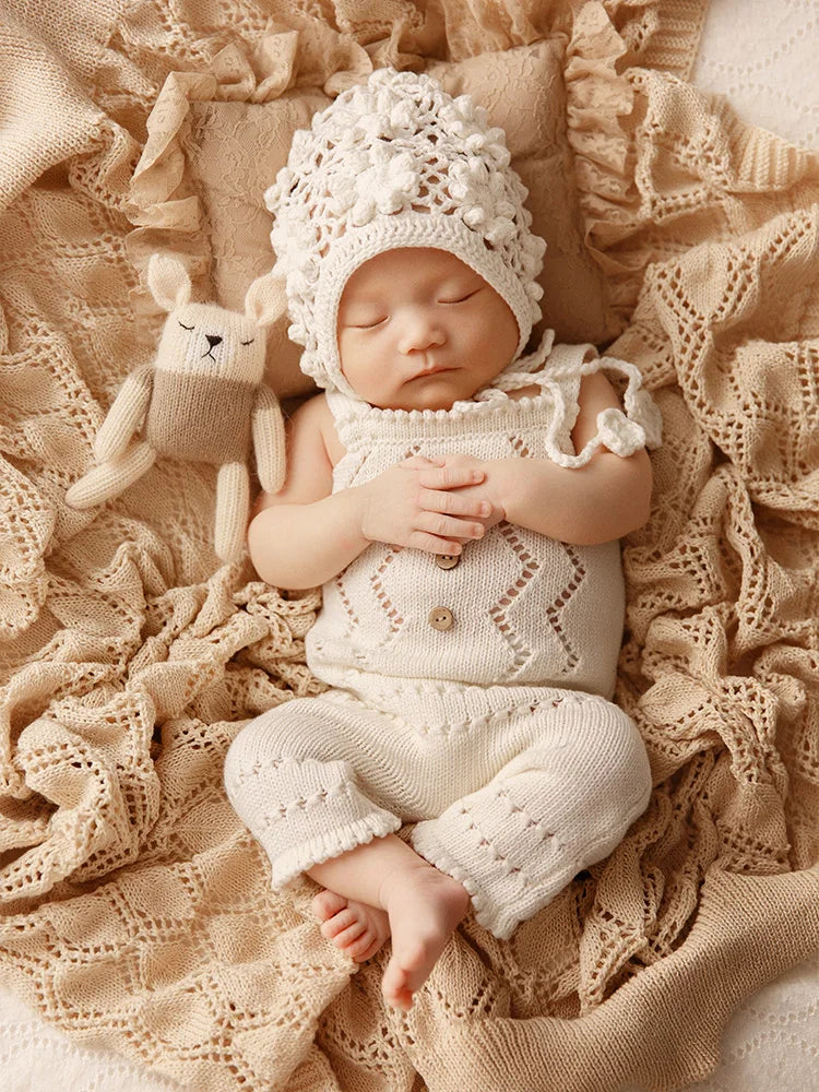 Newborn Photography Props Nordic Style Theme Set Knitted Hollow Jumpsuit Crochet Flower Hat Doll Rainbow Studio Baby Photo Props