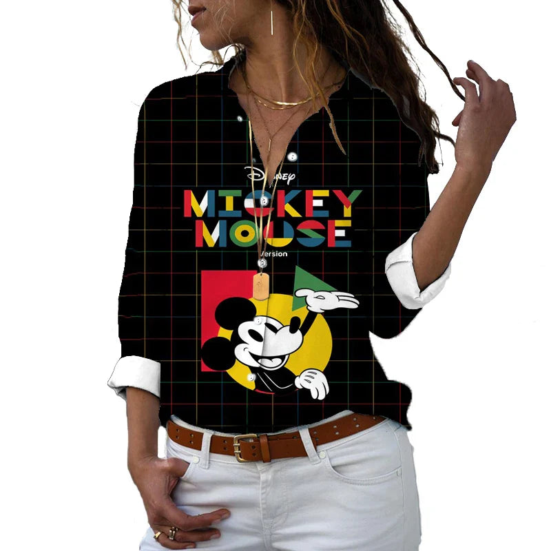 New 2024 Disney Harajuku Slim Fit 3D Print Women's Button Up Long Sleeve Lapel Mickey Minnie Casual Cute Shirt y2k