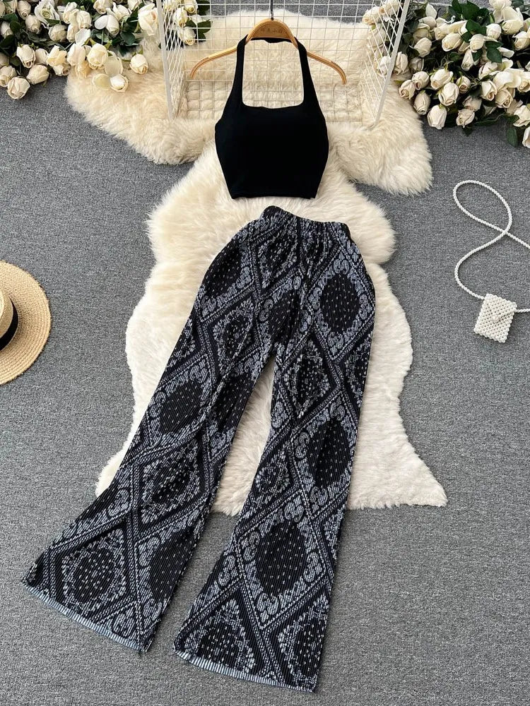 Fashion New Women Summer Sexy Pants Set 2023 Halter Tank Tops Wide-leg Long Pantsuit Female Slim Vacation Two Piece Sets