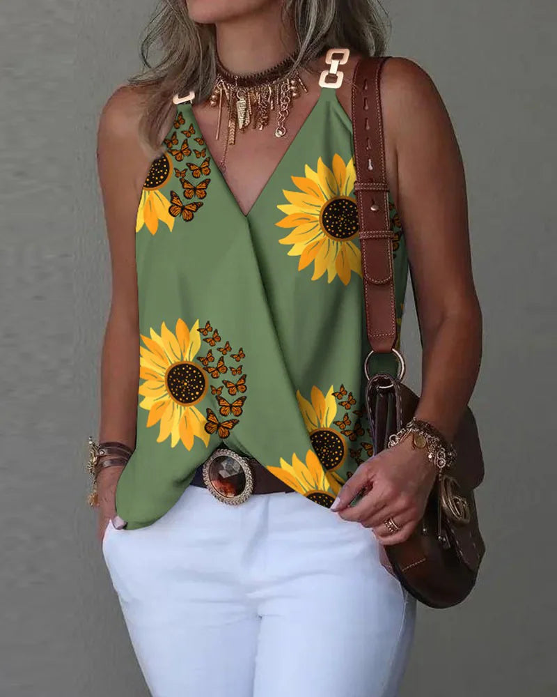 Women's Summer Simple V-neck Metal Buckle Printed Tank Top 2023 Sexy Women's Casual Sleeveless Loose Strap T-shirt