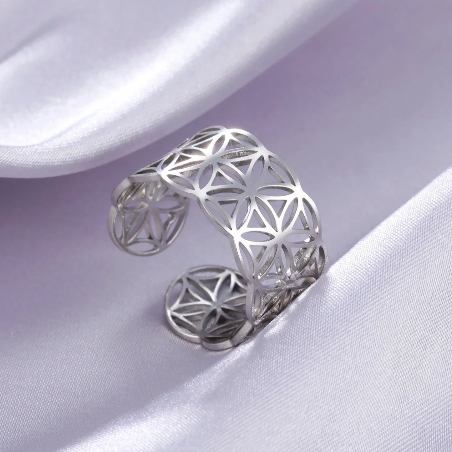 Skyrim Flower of Life Ring Women Stainless Steel Gold Color Sacred Geometry Open Adjustable Aesthetic Rings 2024 Jewelry Gift