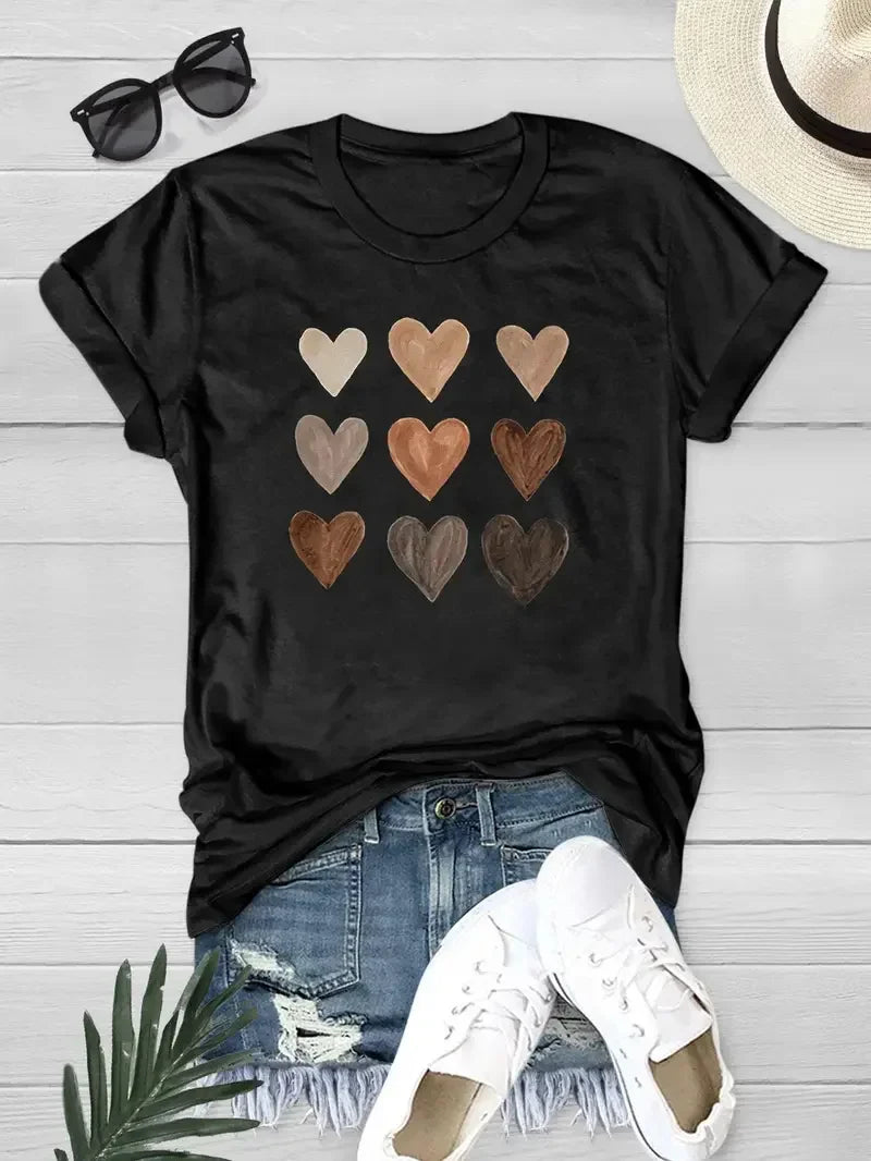 Women's Heart Print Crew Neck Loose Short Sleeve Sports Casual Top For Summer