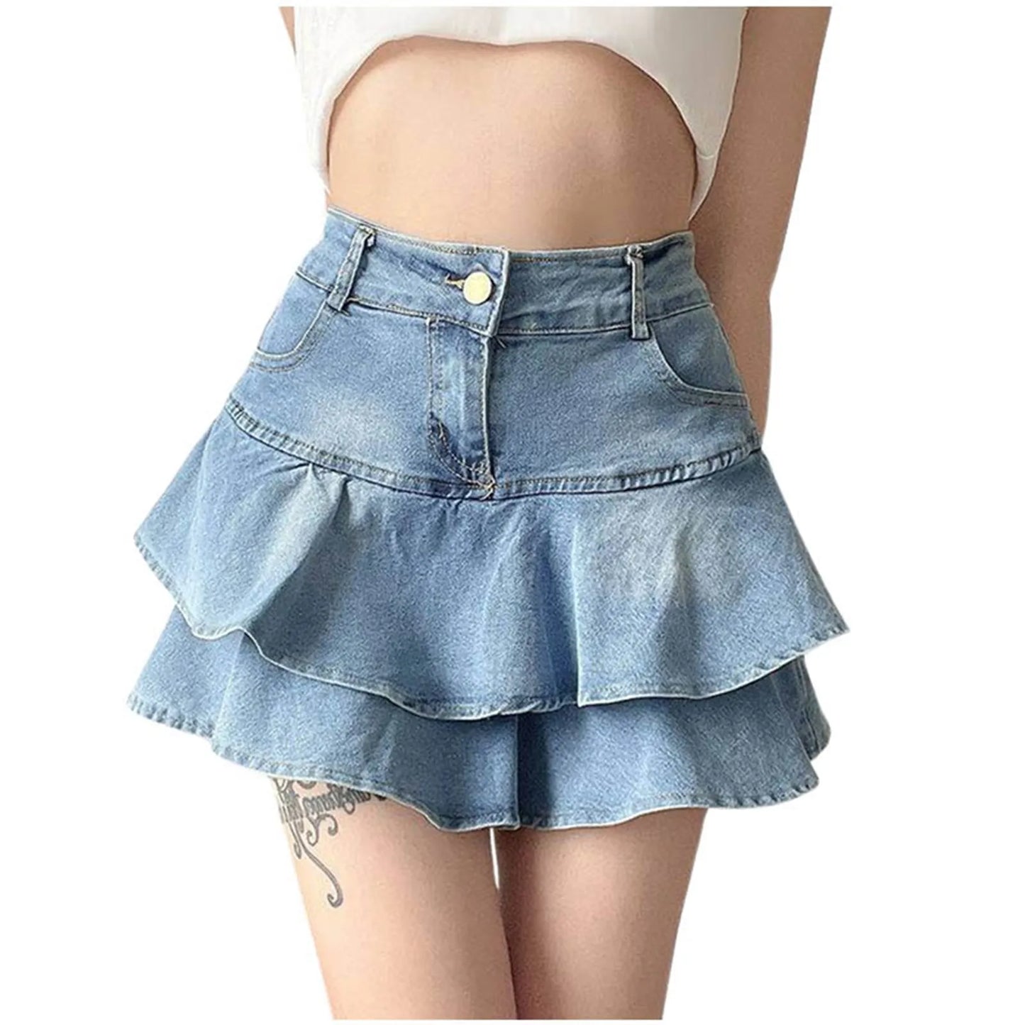 Y2k Skirt Women Ruffles Double Layer High Waisted Light Blue Denim Skirt JK Uniforms Irregular Curved Streetwear Korean Skirt