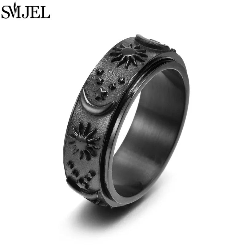 Anti Stress Anxiety Relaxing Ring Retro Star Moon Stainless Steel Fidget Spinner Rings for Couple Jewelry Anillos De Hombres
