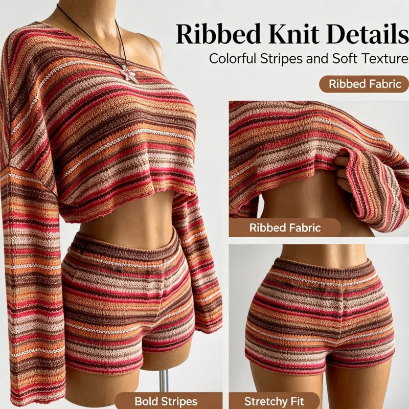 Boho Asymmetrical Off Shoulder Striped Knit Two Piece Set Women Long Sleeve Crop Top High Waist Shorts For Summer Vacation