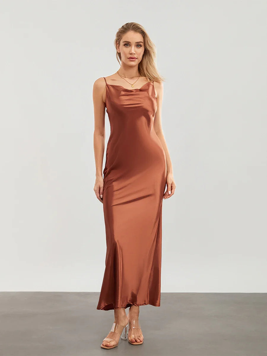 wsevypo Elegant Spaghetti Straps Satin Long Dress Solid Color Sleeveless Cowl Neck Wrap Party Dress Summer Backless Cami Dress