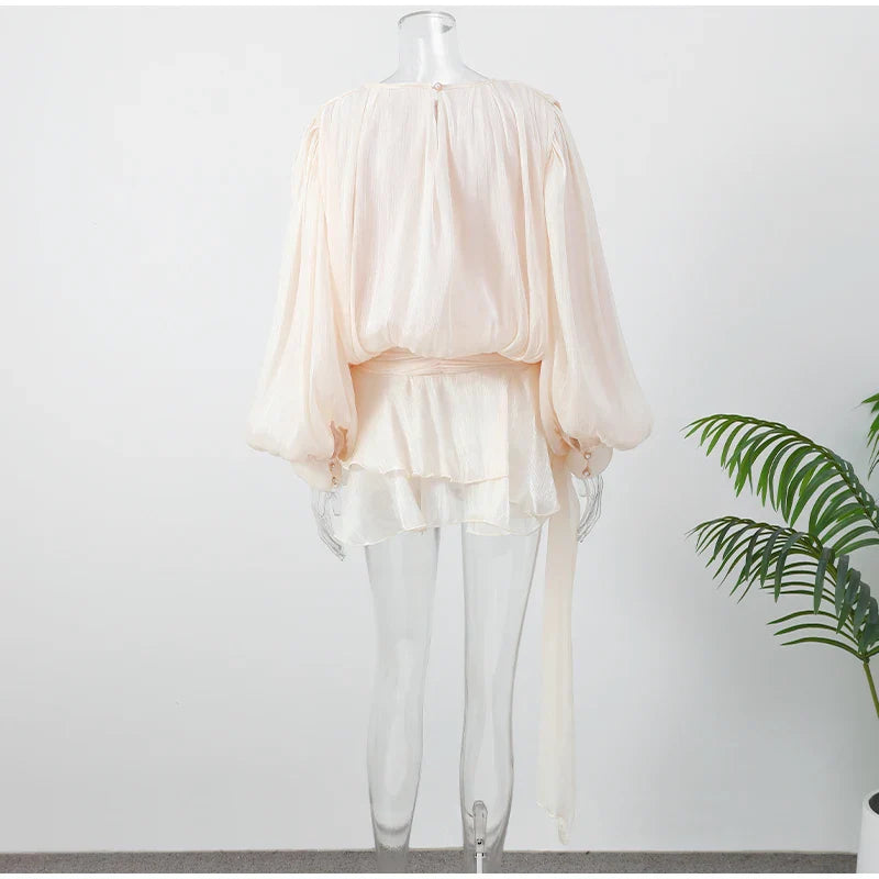 Elegant Ruffles Shiny Mini Dresses Fashion Solid Long Sleeve Lace Up V Neck Pleated Dress New Summer Party Women's Vestidos 2025