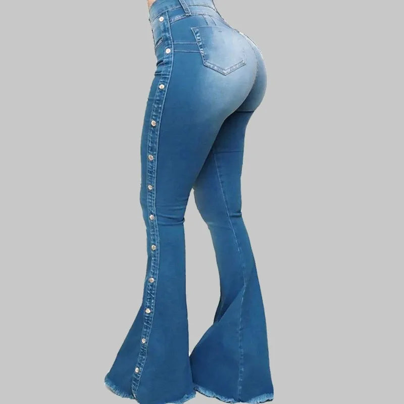 Jeans High Waist Strecth Denim Flare Pants Women Vintage Trousers Buttons Denims Streetwear 2024 Autumn Female Floor Length