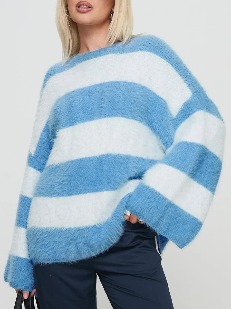 New Fashion Womens Mohair Loose Sweaters Stripe Print Round Neck Long Sleeve Drop Shoulder Fuzzy Knitwear Tops S-XL