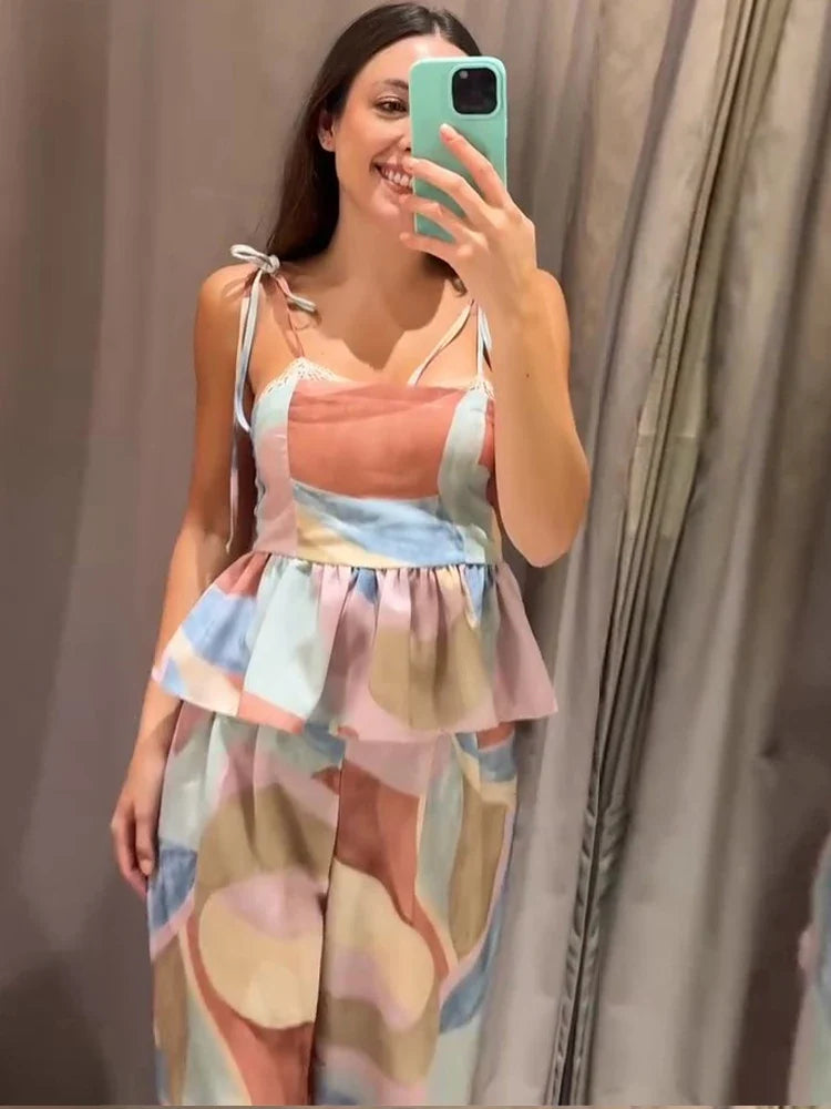 Print Lace Up Waist Cinching Top Pants Suits Women Sexy Spaghetti Strap Sleeveless Backless Slim Tops Wide Leg Trousers New Sets