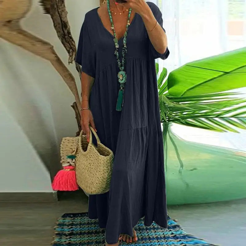 Summer New Casual Solid Color Cotton Hemp Short Sleeve Long Women's Dress Simple Loose Beach Maxi Female Fashion Dresses 2023