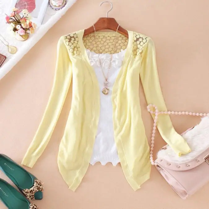 GREMISS New Summer Fashion Women Lace Sweet Candy Color Crochet Hollow Out Knitwear Blouse Full Sweater Cardigan Open Stitch