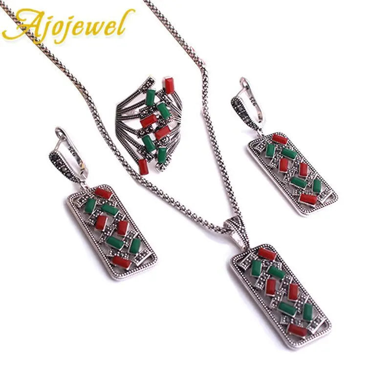 Ajojewel Black/Red Green Bohemian Jewelry Set For Women Colorful Zircon Crystal Geometric Ring Earrings Necklace & Pendant