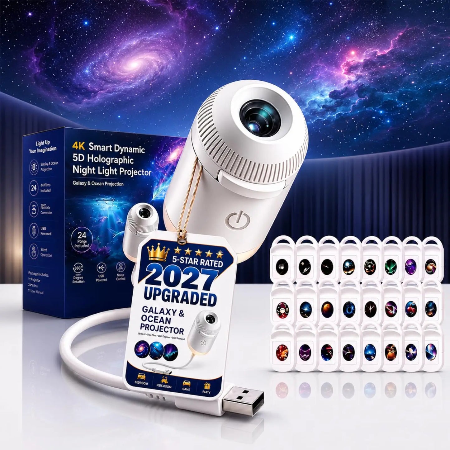 2027 Upgraded Hd Smart Dynamic 5d Holographic Night Light Projector, Plug and Play Hd Star Projector, 360° Adjustable Hd Galaxy