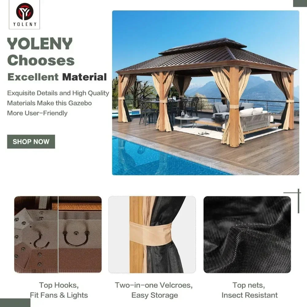 12x20 Gazebo, Hardtop Wood-Looking Gazebo with Galvanized Steel Double Roof, Patio Hardtop Gazebo with Netting and Curtains
