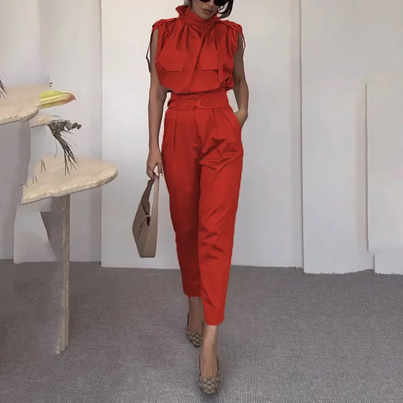 Autumn Winter New Women's Clothing Personalized Shoulder Slimming Waist-Slimming Belt Decoration Blouse Blazer Pants
