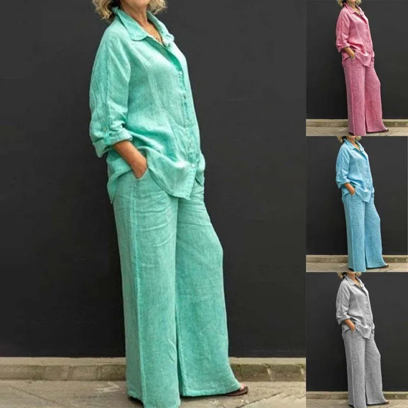 Two Piece Sets Women Outfits,  Fall Simple Long Sleeve Shirt Loose Trousers Set Office Casual.