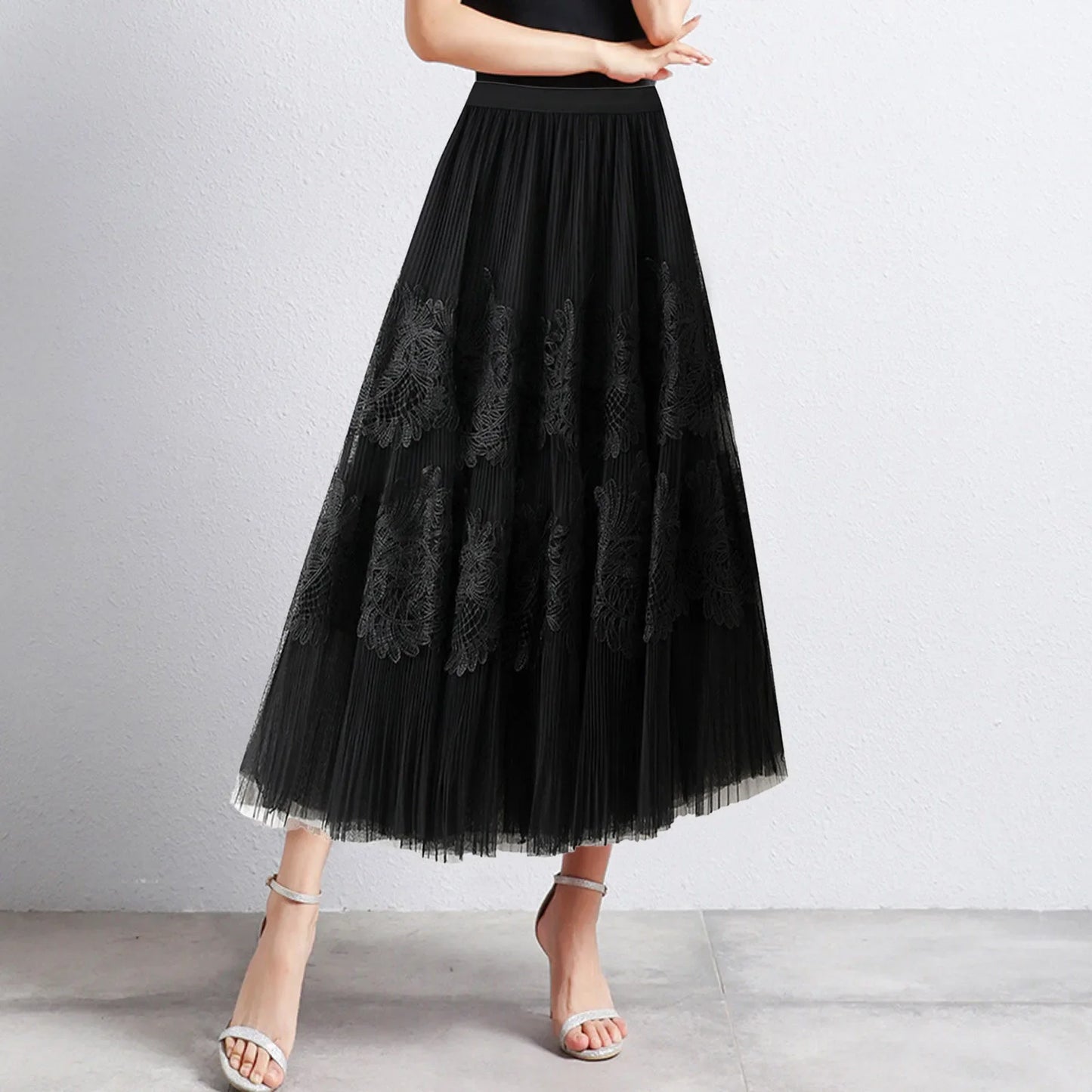 Women Mid Length Skirts Dance Party A Line High Waisted Lace Tulle Skirt Pleated Mesh Half Skirts Holiday Party Costumes