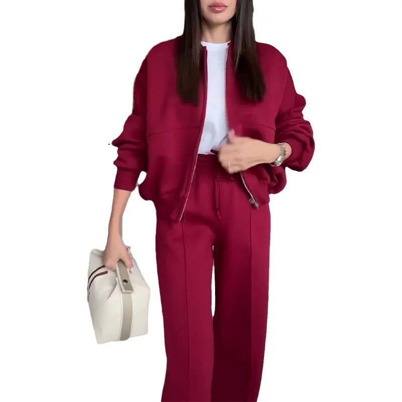 Fashion Women's Suit Zipper Trousers Round Neck Sweatshirt Wide Leg Trousers 2 Piece Set Conjuntos De Pantalón Fall Clothes 2025