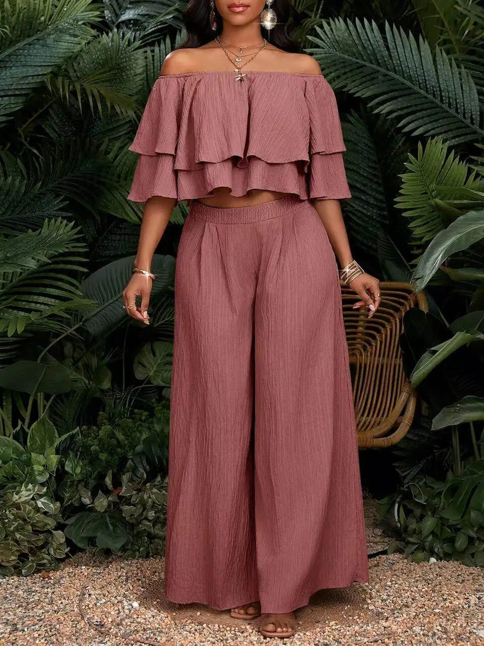 Women's Off Shoulder Ruffle Crop Top Matching Wide Leg Pants Outfit For Vacation Daily Casual Outdoor Travel Occasions