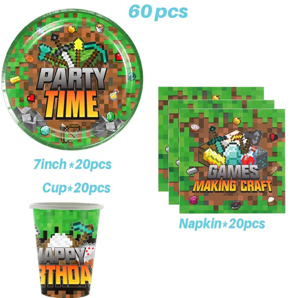 Miner Crafting Pixel Video Game Party Decor Disposable Tableware Cup Plate Tablecloth Balloon Baby Shower Kid Boy Party Supplies