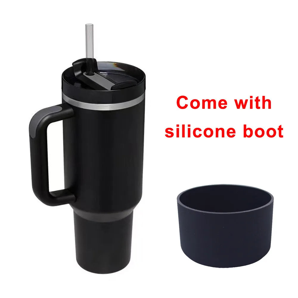 40oz Tumbler with Handle Straw and Silicone Boom Stainless Steel Vacuum Thermos Cup Large Capacity Travel Car Coffee Mug Logo