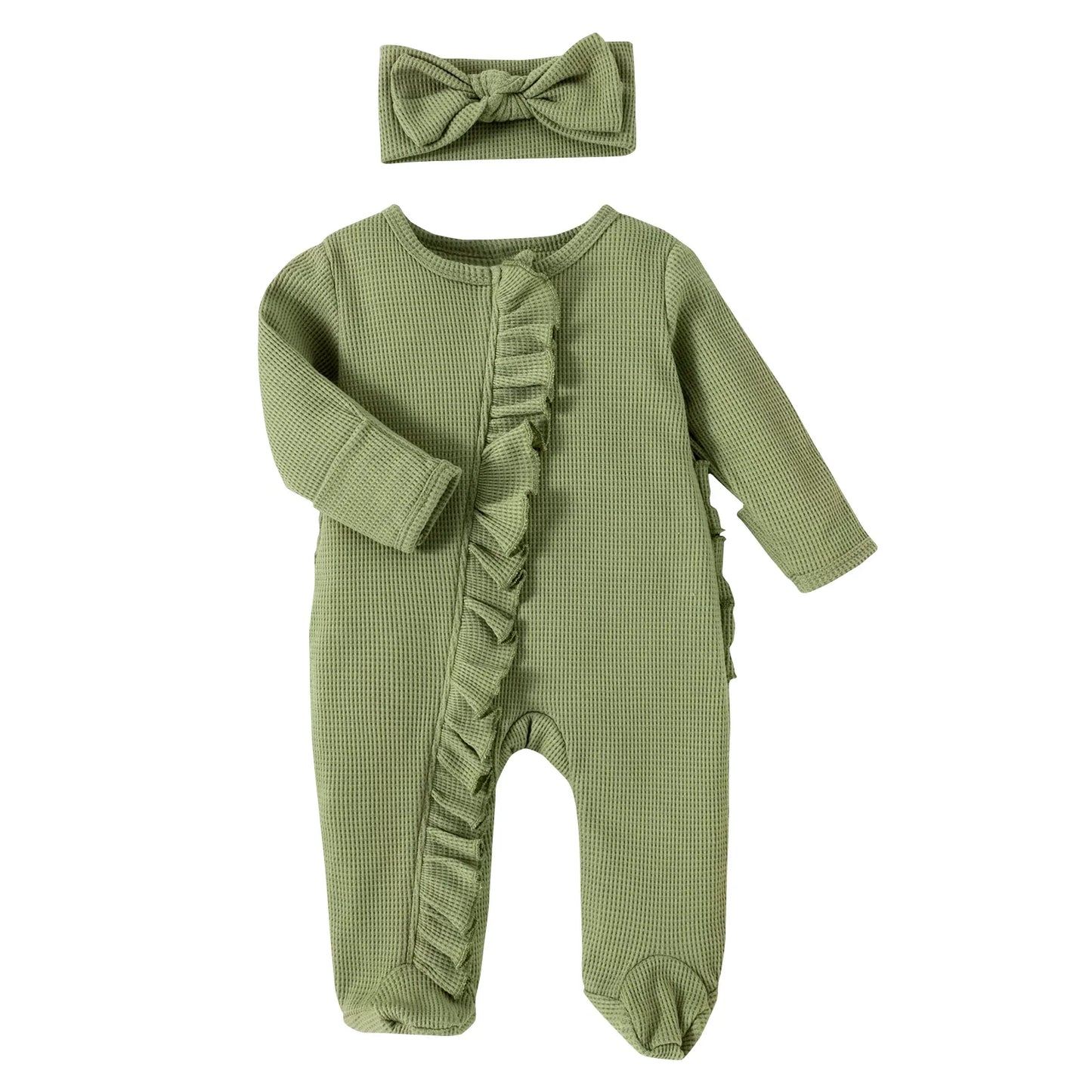 Infant BabyGirl Footies Rompers Solid Color Long Sleeve Jumpsuits Winter Fall Clothes Bodysuits with Headband