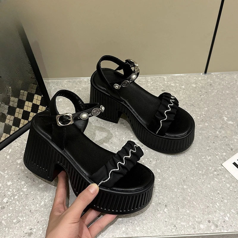 Fujin 10cm PU Synthetic Microfiber Leather Peep Toe Shoes Bling Rhinestone Platform Wedge Fashion Slippers Women Sandals Pumps