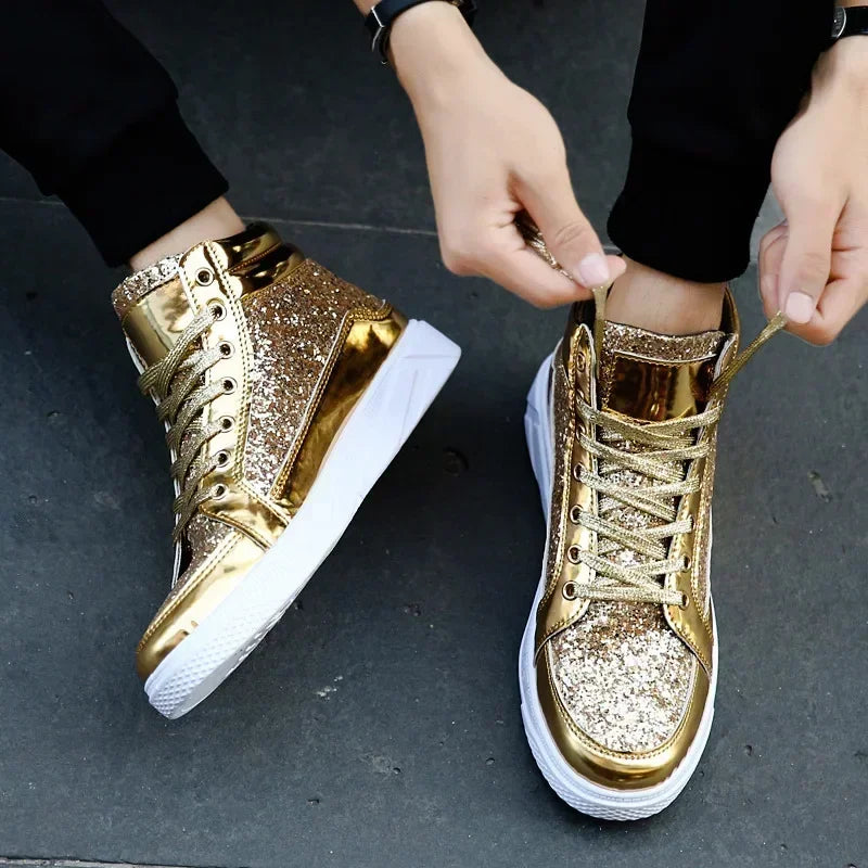 Men's Gold Sequins Platform Boots Autumn Fashion Casual Sports Shoes Thick Bottom Vulcanized Shoes Man Flats Heels Shoes Hombres