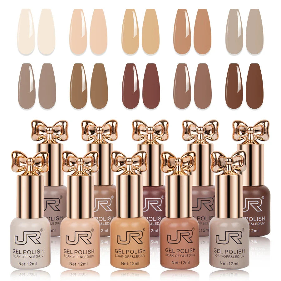 JR10pcs 12ml gel nail polish set Including Red Pink Nude Gel Polish Kit UV LED Soak Off Polish Home DIY top coat base coat gifts