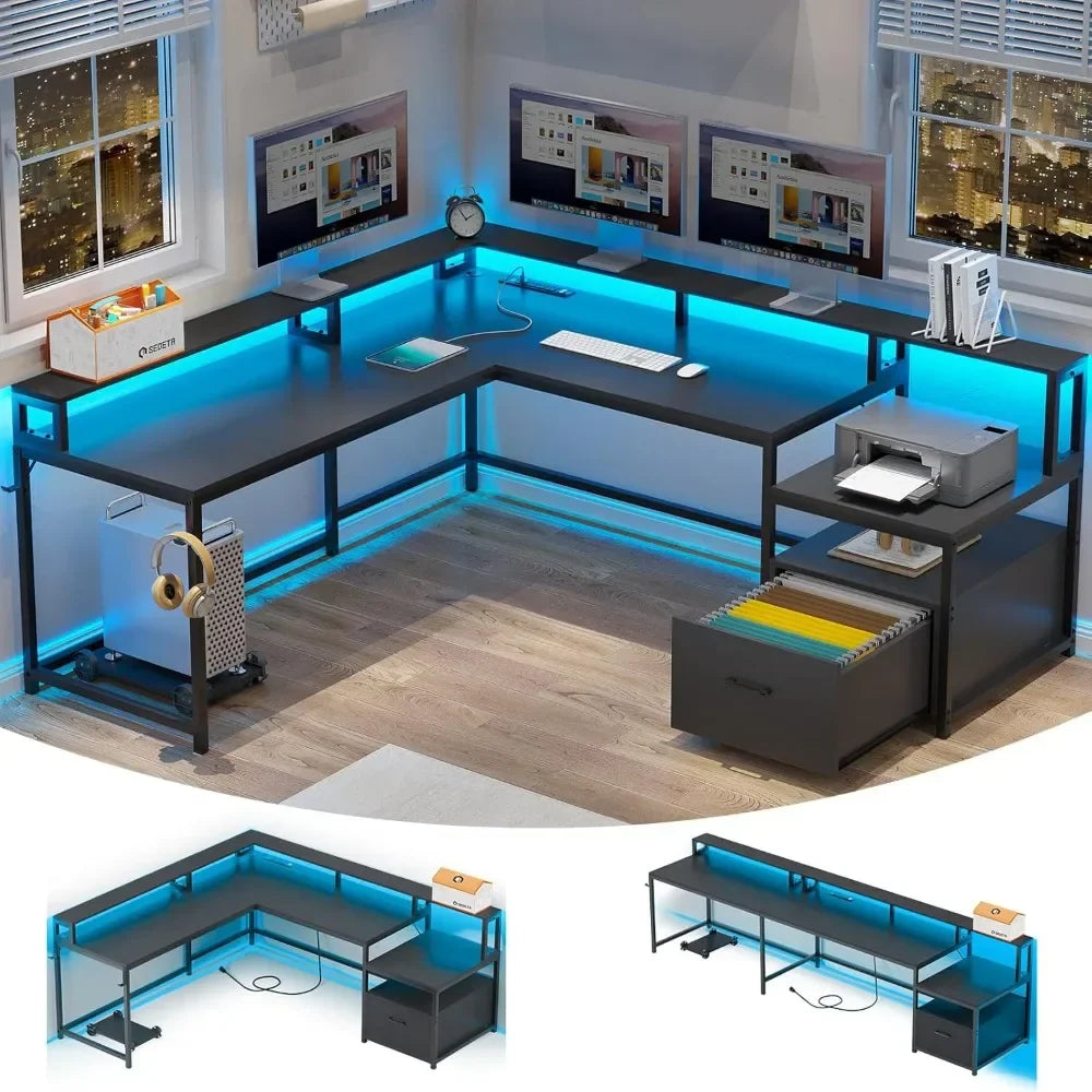 L Shaped Gaming Desk  with File Drawer Power Outlet Computer Desk  Led Lights