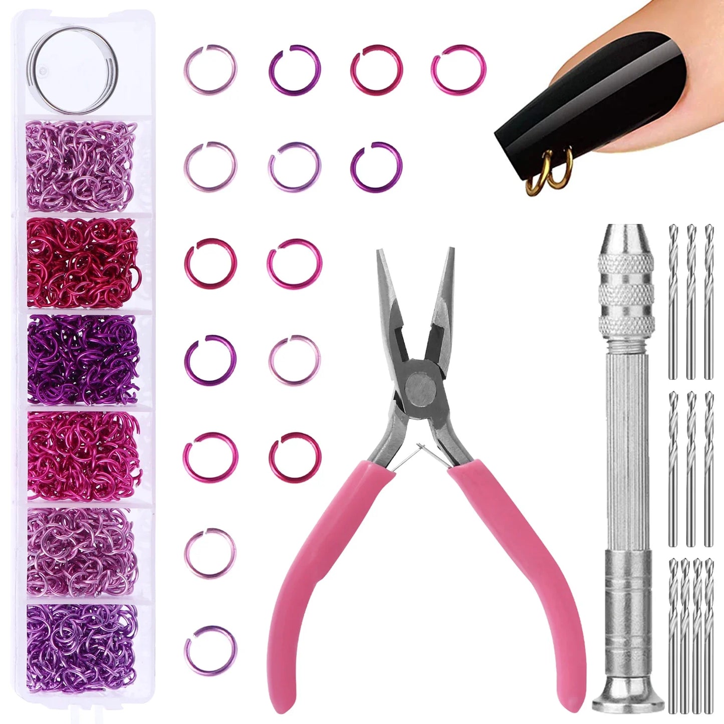Nail Dangle Charm Piercing Tool kit about 900Pcs 6mm Jump Rings Metal Punk Design Piercing Nail Charms For DIY Nail Art Decor
