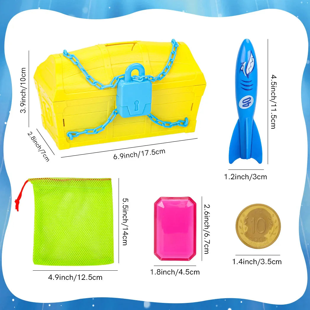 Pool Diving Treasure Chest Set includes treasure Chest, gems, gold silver coins and net bag, summer Pool Pirate diving game toys