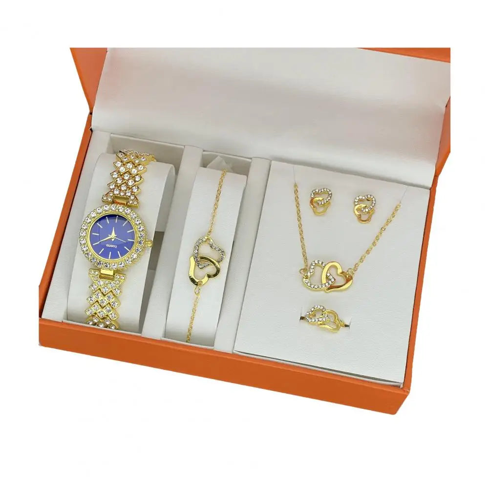 1 Set Women Jewelry Set with Gift Box Complete Collection of Quartz Watch Necklace Bracelet Ring Earring Set Golden Jewelry Gift