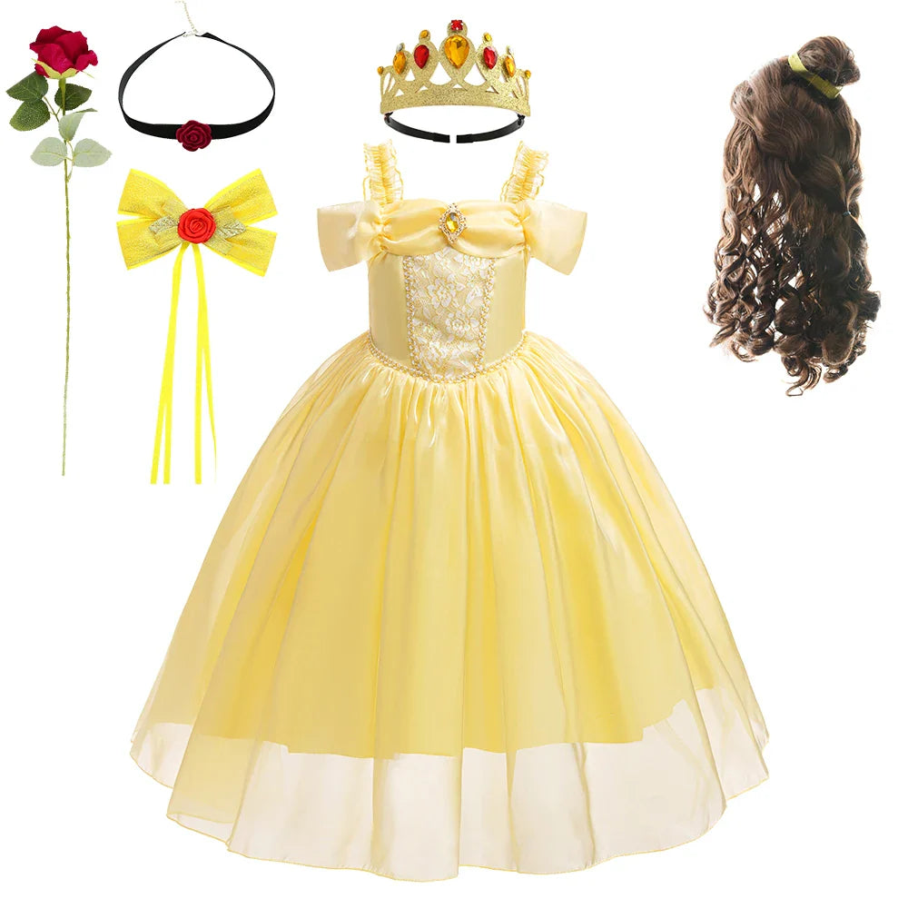 Halloween Girls Princess Belle Dress Up Evening Party Yellow Shoulderless Elegant Long Dresses Beauty Beast Fairy Costume Wig