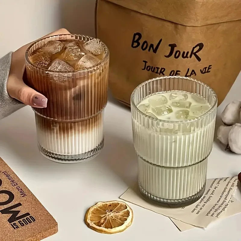 6pcs, 200ml/6.8oz Stackable Ribbed Glass Cups, Iced Coffee , Juice Cups,  Reusable Glass Cups.
