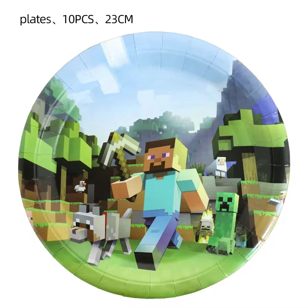 Miner Crafting Pixel Video Game Party Decor Disposable Tableware Cup Plate Tablecloth Balloon Baby Shower Kid Boy Party Supplies