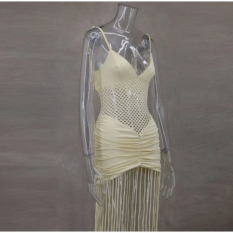 Hollow Out See-through Long Dress Women Holiday Tassels High Waist Sleeveless Strap Dresses Female Backless Evening Club  Robe