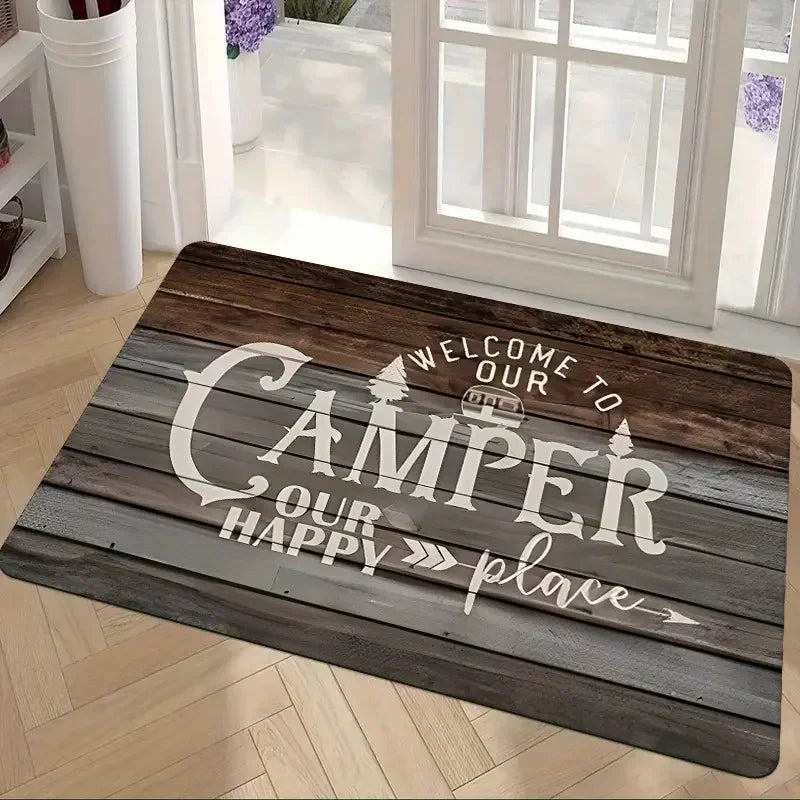 Outdoor Camping Van Welcome Mat With Cheerful Camping Van Non-slip Kitchen Bathroom Entracne Rugs Living Room Washable Carpet