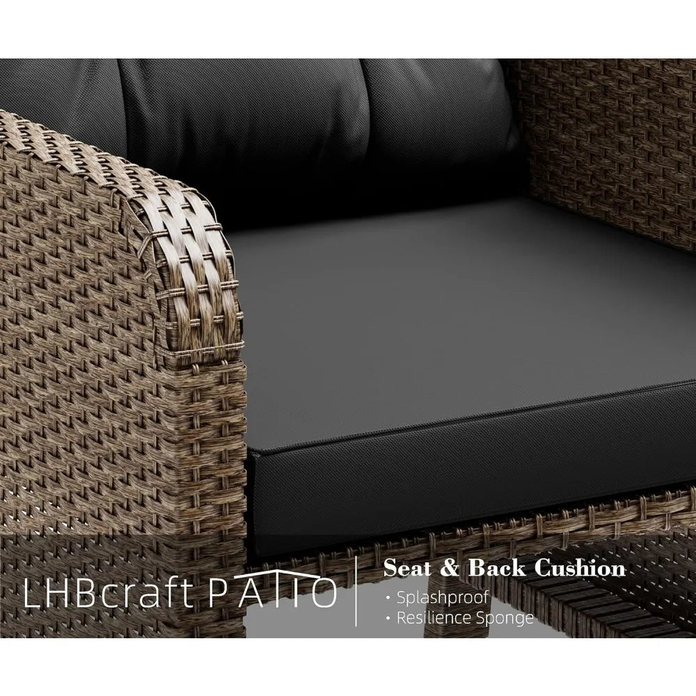 5 Piece Patio Conversation Set, PE Wicker Rattan Outdoor Lounge Chairs with Soft Cushions 2 Ottoman&Glass Table for Porch, Lawn