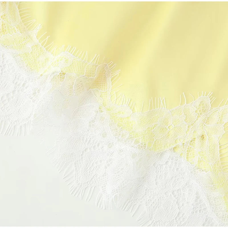 Yellow Satin Lace Splicing Sling Dress Women Elegant Irregular Hem V Neck Backless Sleeveless Gown Chic Women Party Club Vestido